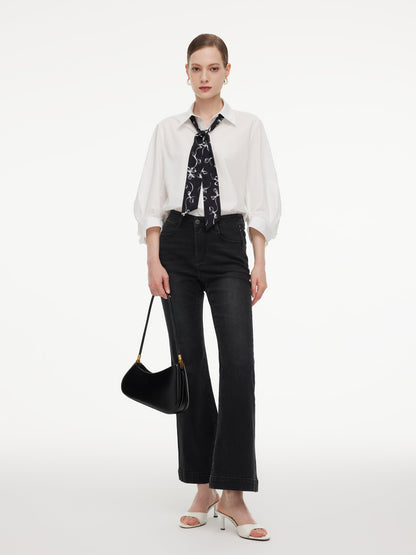 100% Cotton 3/4 Sleeve Women Shirt With Ribbon Print Silky Scarf
