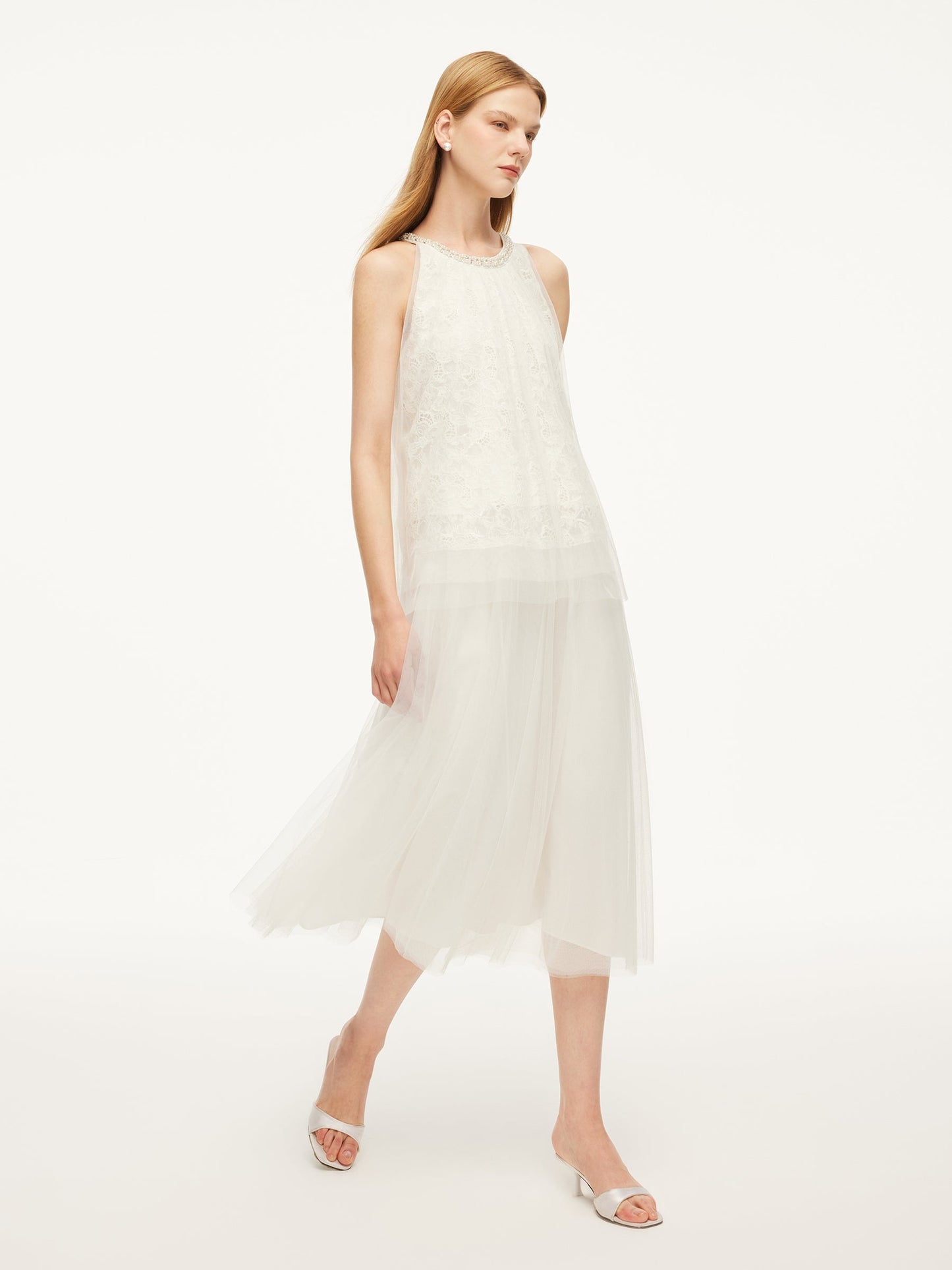 Lace Embroidered Sequins Halter Top And Mesh Skirt Two-Piece Set