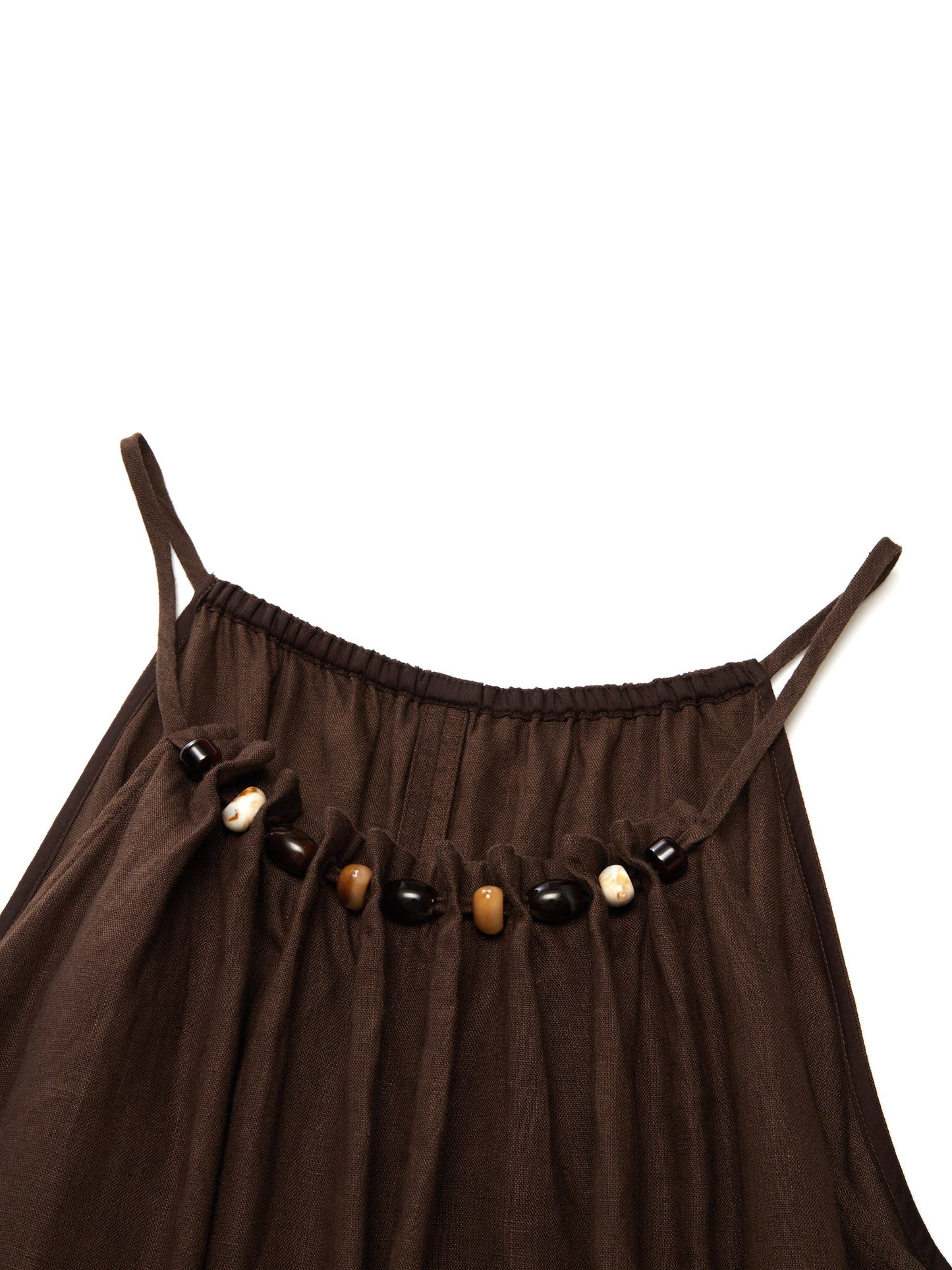 100% Linen Beaded Neck Women Strap Maxi Dress With Tie String Belt