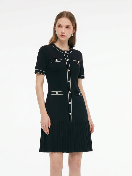 Tencel Blend Contrast Trim Women Pleated Hem Knit Mini Dress