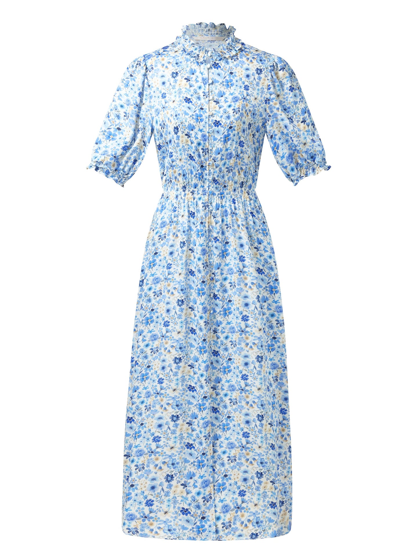 19MM Mulberry Silk Floral Print Ruffle Collar Maxi Dress