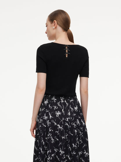 Lyocell Blend Bowknot Embroidered Women Square Neck Knit Top