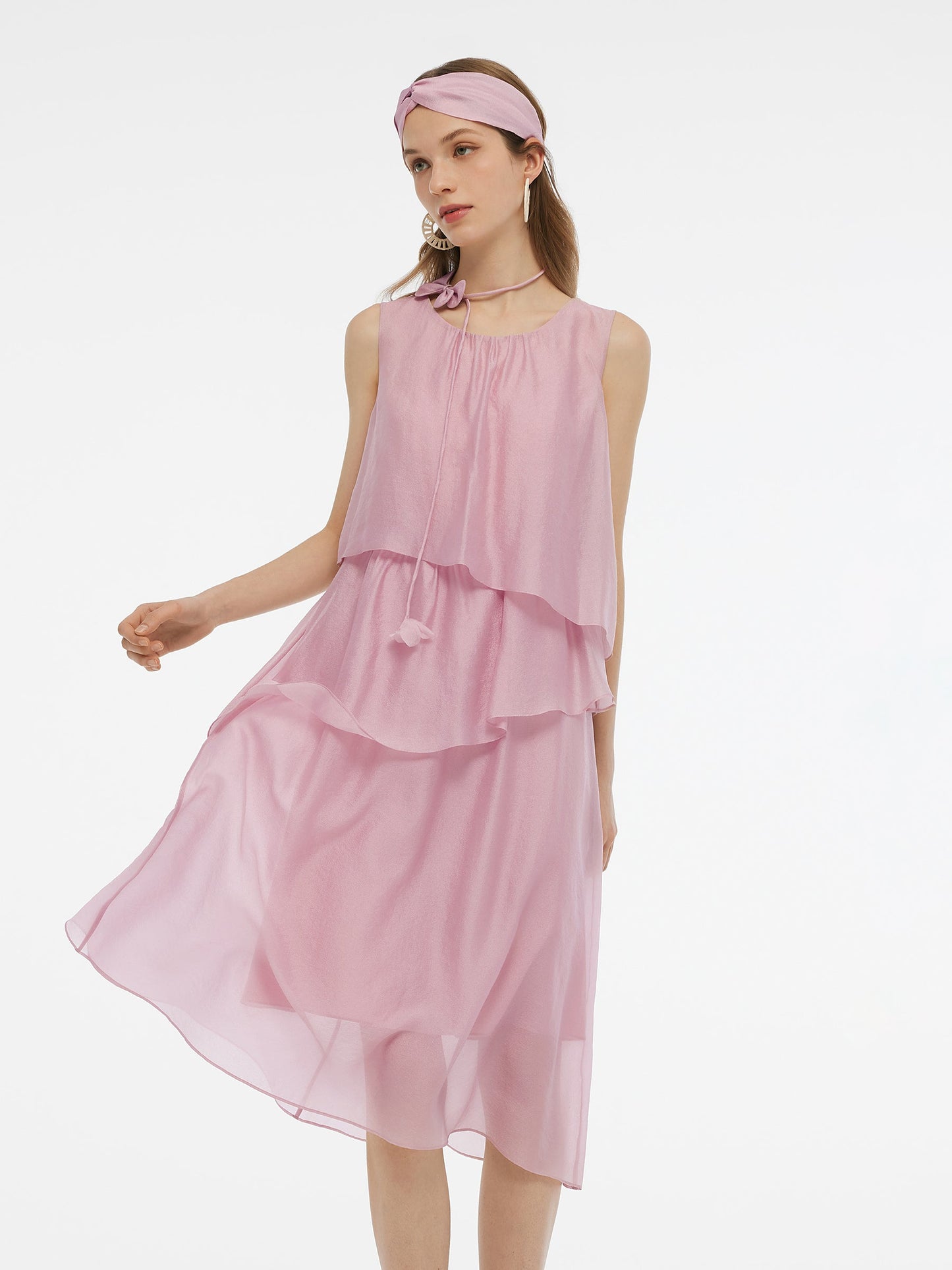 Ruffle Women Tiered Vest Midi Dress With Hairband And Bowknot Choker