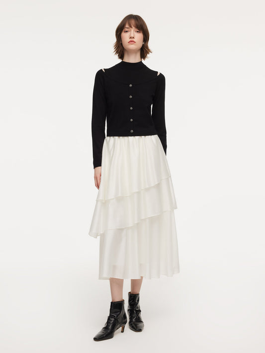 Lyocell Wool Blend Off Shoulder Knit Top And Sleeveless Tiered Dress Two-Piece Set
