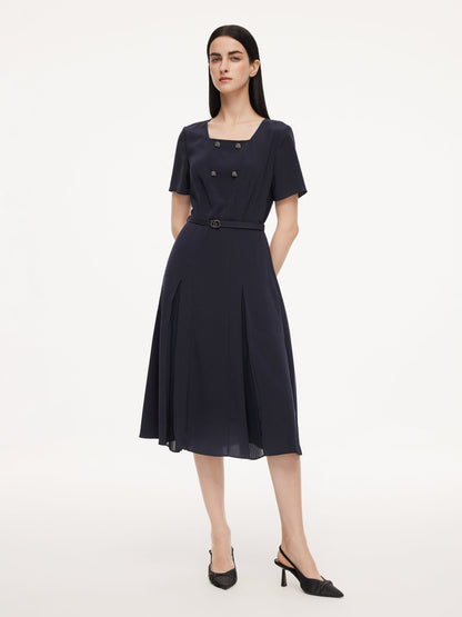 Triacetate Blend Square Neck Women Midi Dress With Belt