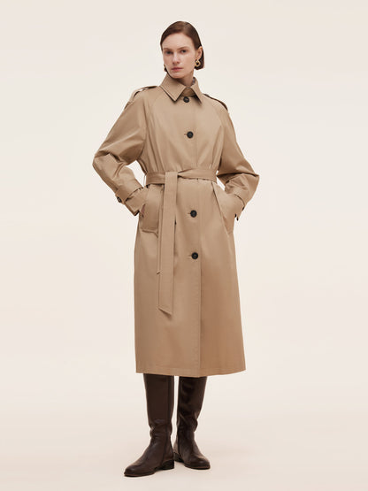 Cotton Self-Tie Belt Women Long Trench Coat