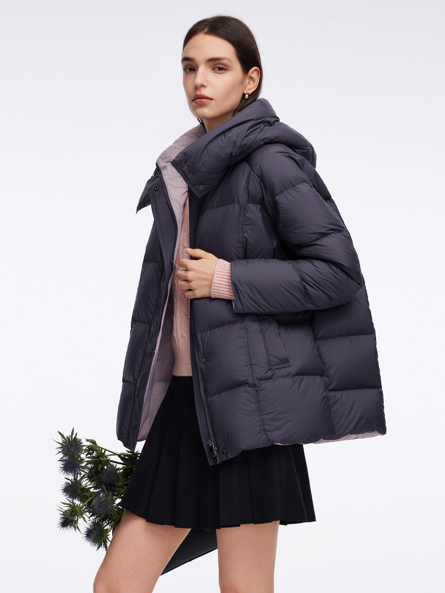 Color Block Goose Down Jacket With Detachable Hood