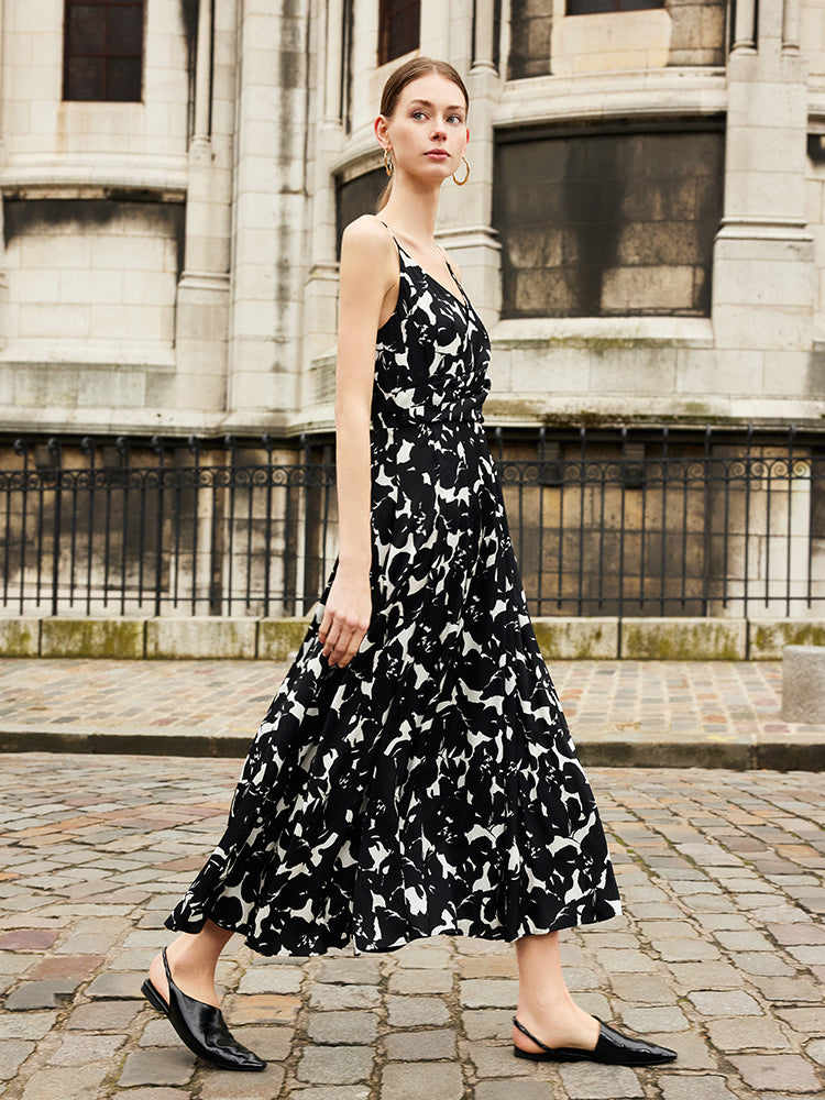 19 Momme Mulberry Silk Iris Print Women Maxi Spaghetti Strap Dress With Scrunchie