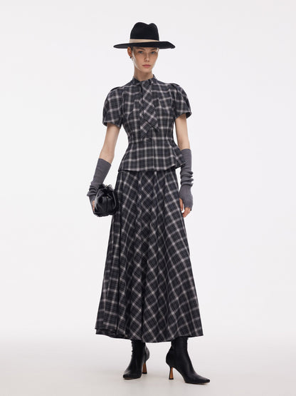 Plaid Ribbon Tie Women Flare Hem Top