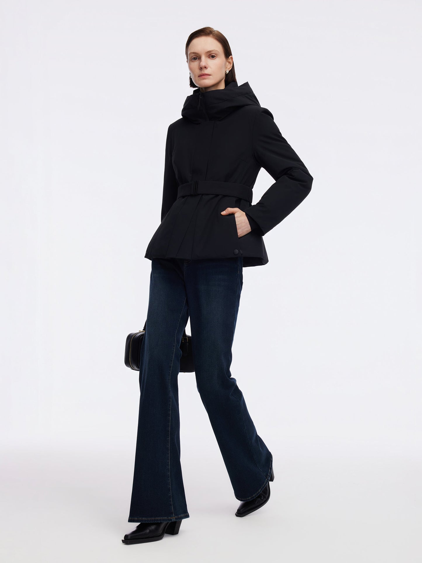 Gathered Waist Hooded Goose Down Jacket With Belt