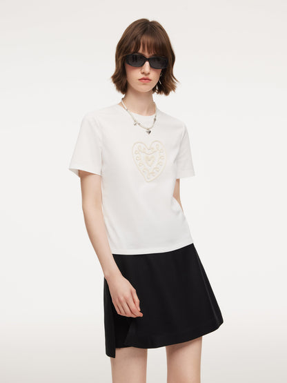 Cotton Blend Round Neck Tape Embroidered Women T-Shirt
