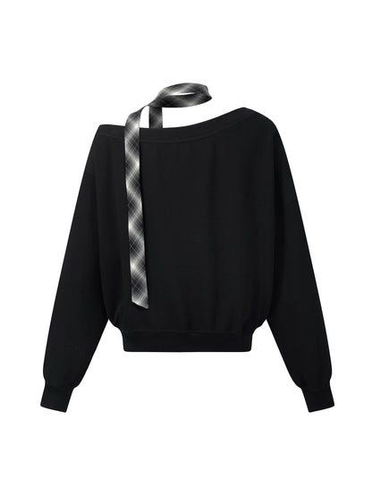 [Preview] Cotton Scuba One-Shoulder Women Sweatshirt With Plaid Ribbon