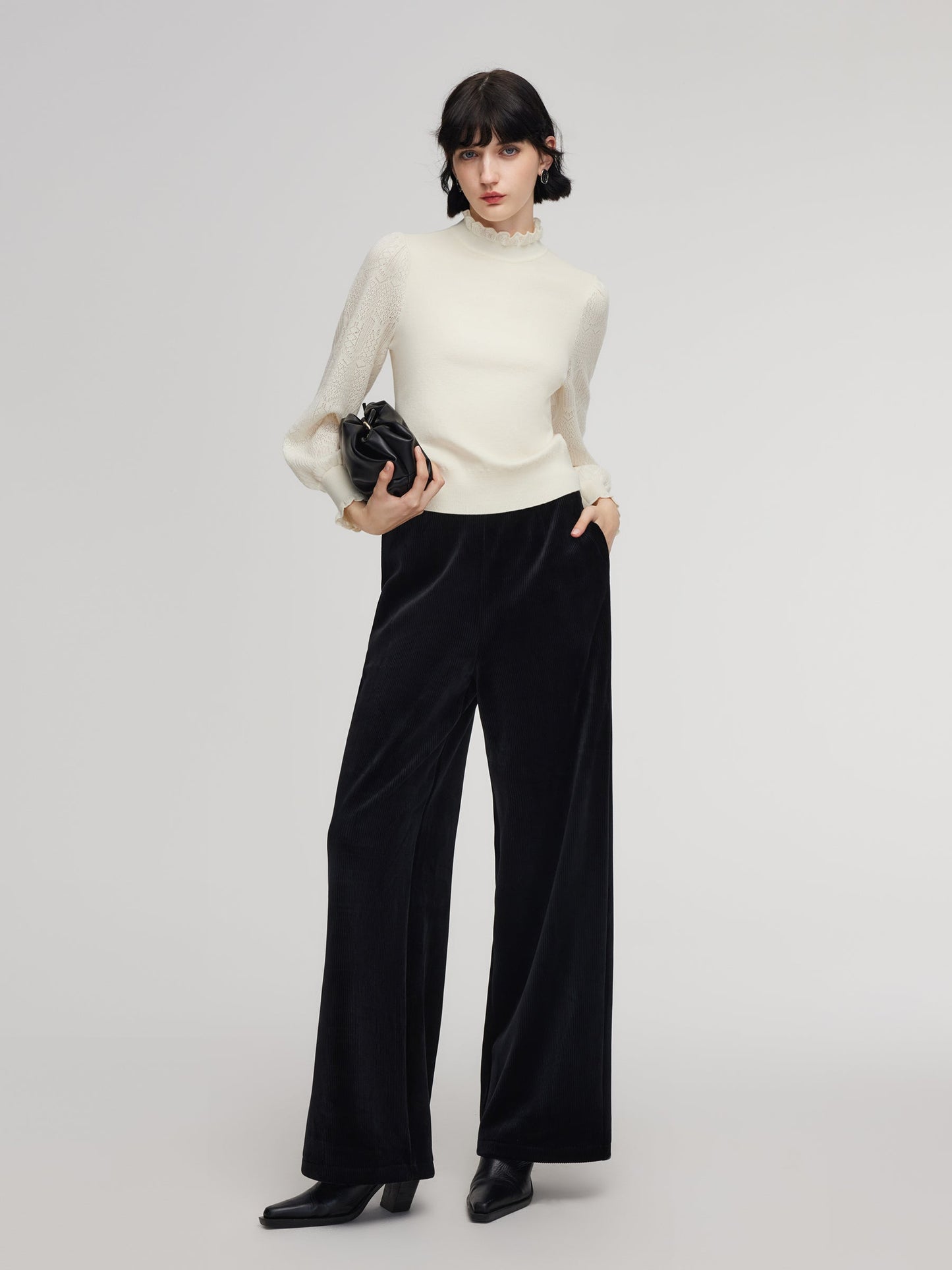 Velvet Ribbed Knit Women Loose Straight Leg Pants