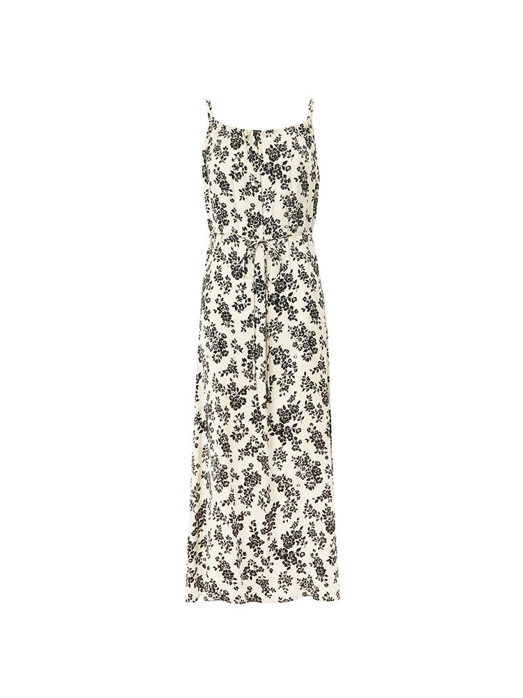 Camellia Print Spaghetti Strap Dress And Knitted Cardigan Two-Piece Set