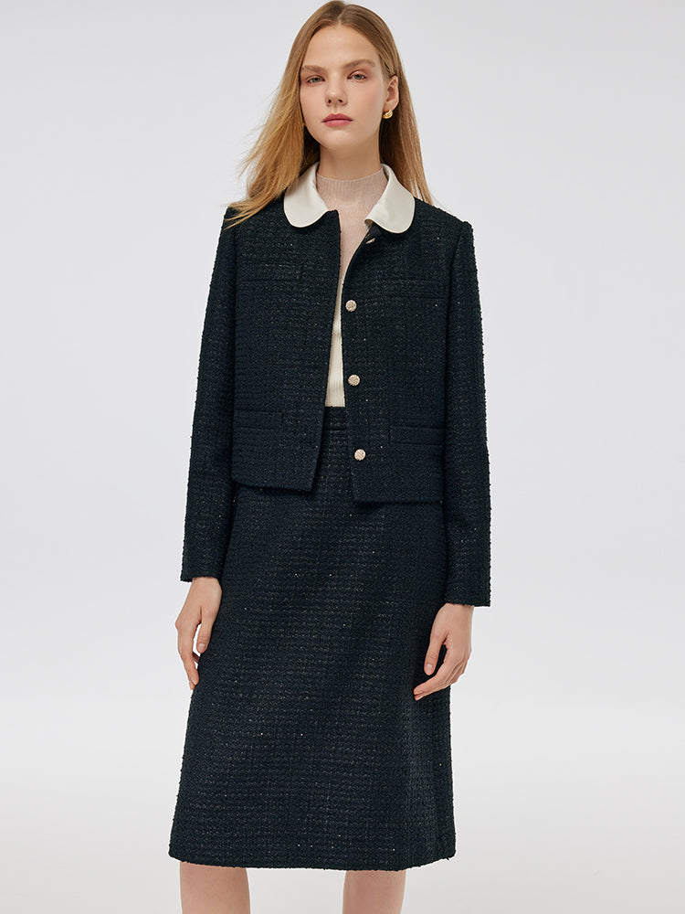 Tweed Crop Jacket And A-Line Skirt Two-Piece Set With Detachable Contrast Collar