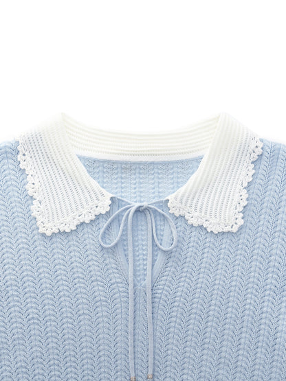 Tencel Blend Color Block Tie Front Women Openwork Knit Top