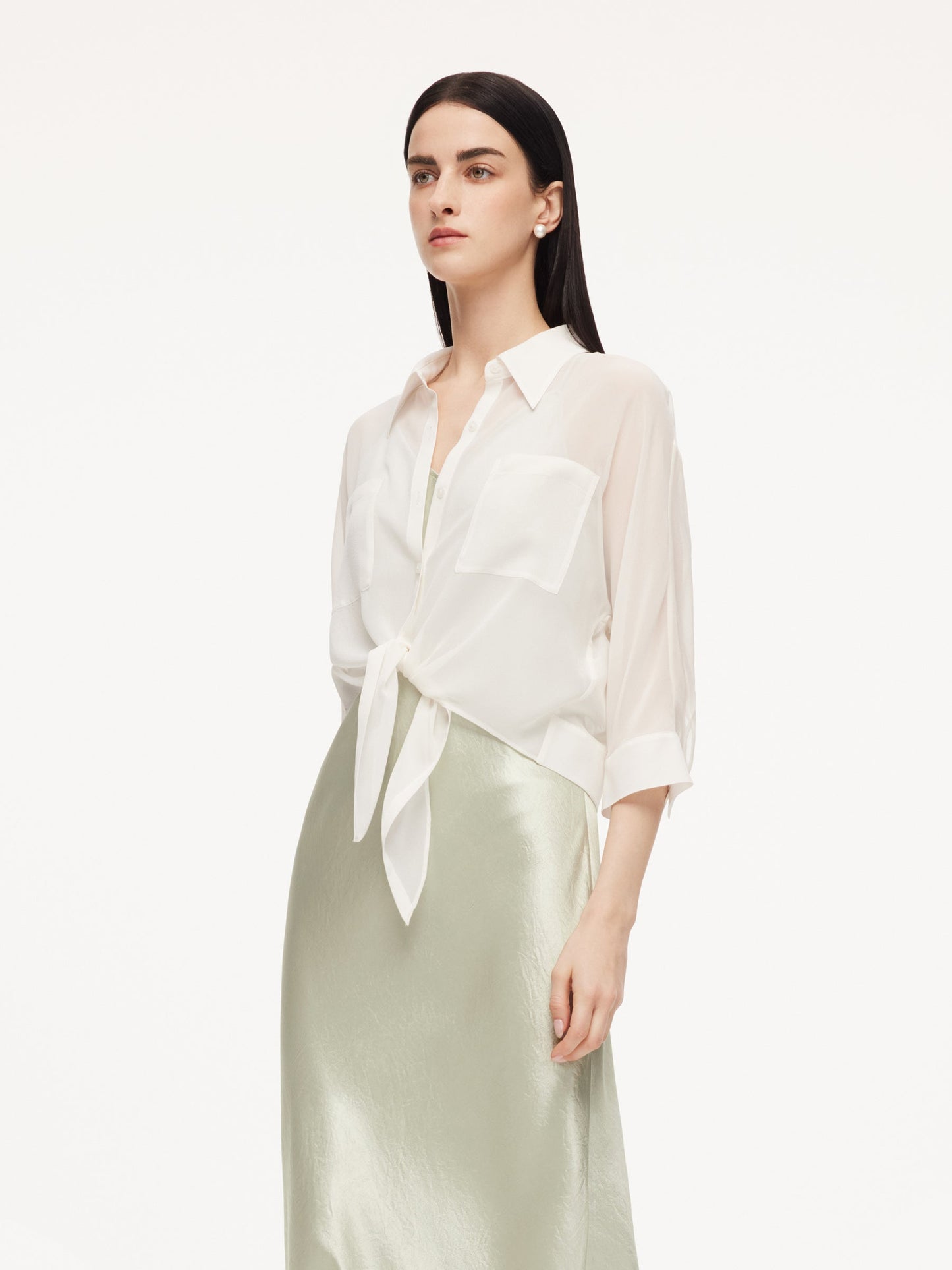 10MM Mulberry Silk Tie Front Women Sheer Shirt