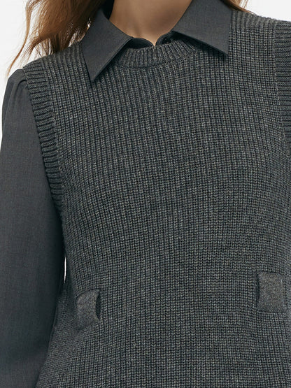 Wool Blend Knit Vest And Shirt Mini Dress Two-Piece Set With Belt