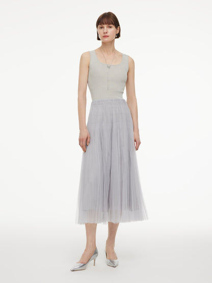 Elastic Waist A-Line Pleated Women Mesh Skirt