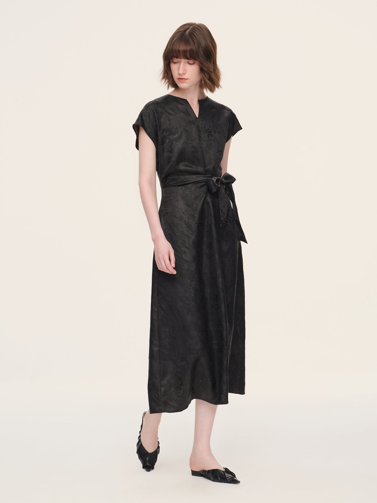 19MM Gambiered Canton Gauze Women Belted Maxi Dress With Scrunchie