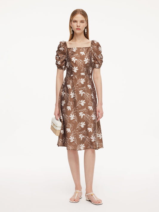 Tencel Blend Floral Print Square Neck Women Midi Dress