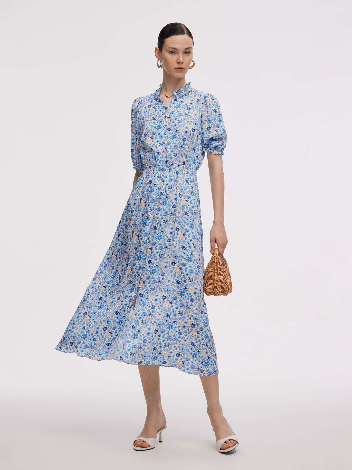 19MM Mulberry Silk Floral Print Ruffle Collar Maxi Dress