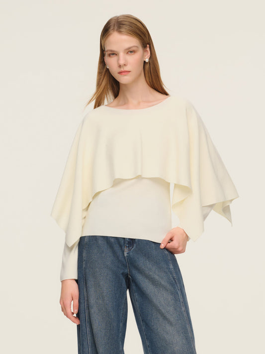 Tencel Wool Blend Women Knit Top With Pullover Cape