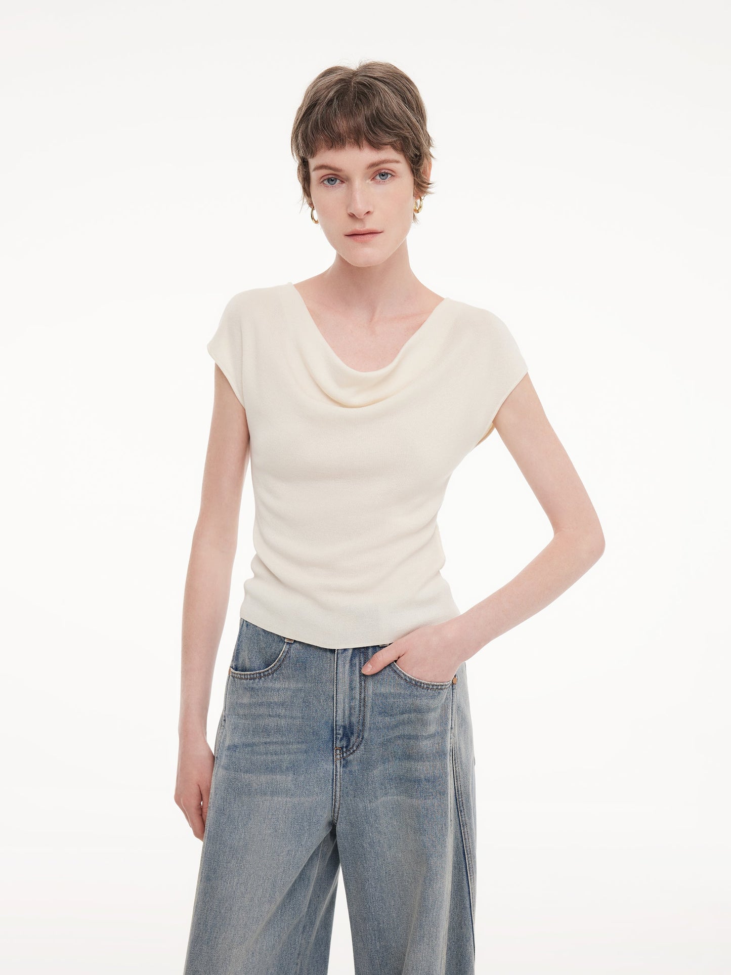 Tencel Mulberry Silk Cowl Neck Women Cap Sleeve Knit Top