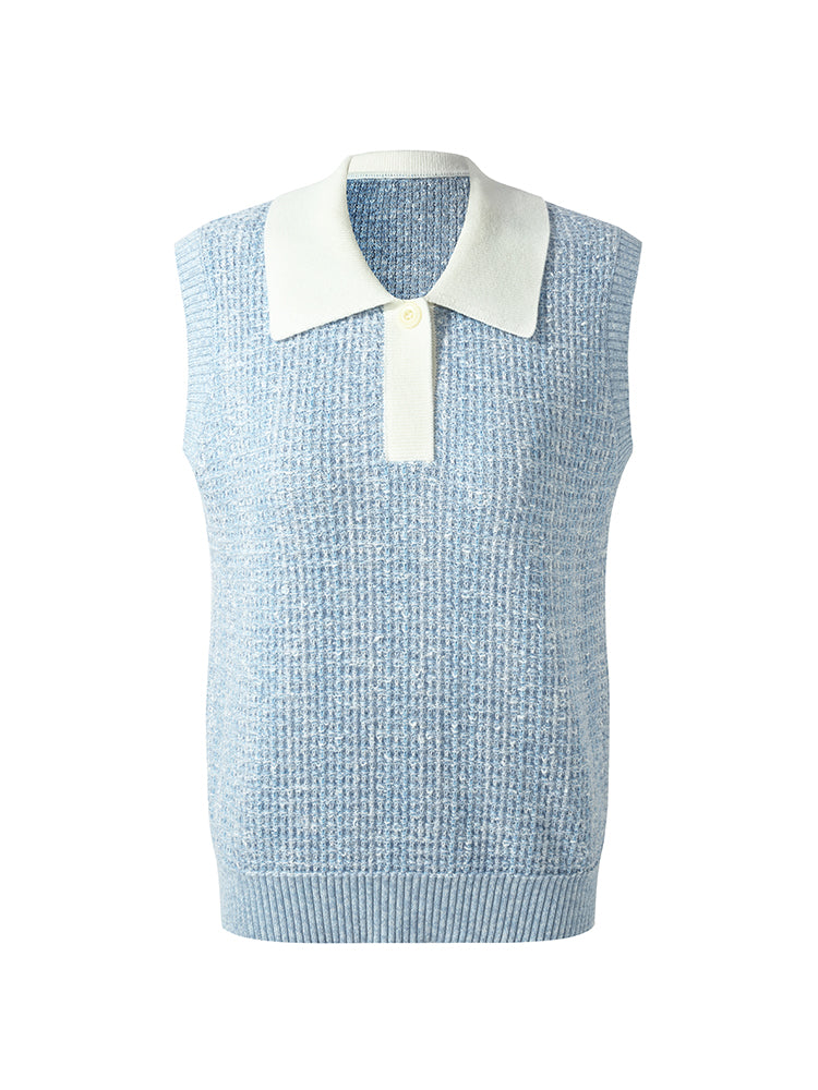Contrast Collar Women Knit Polo Tank Top