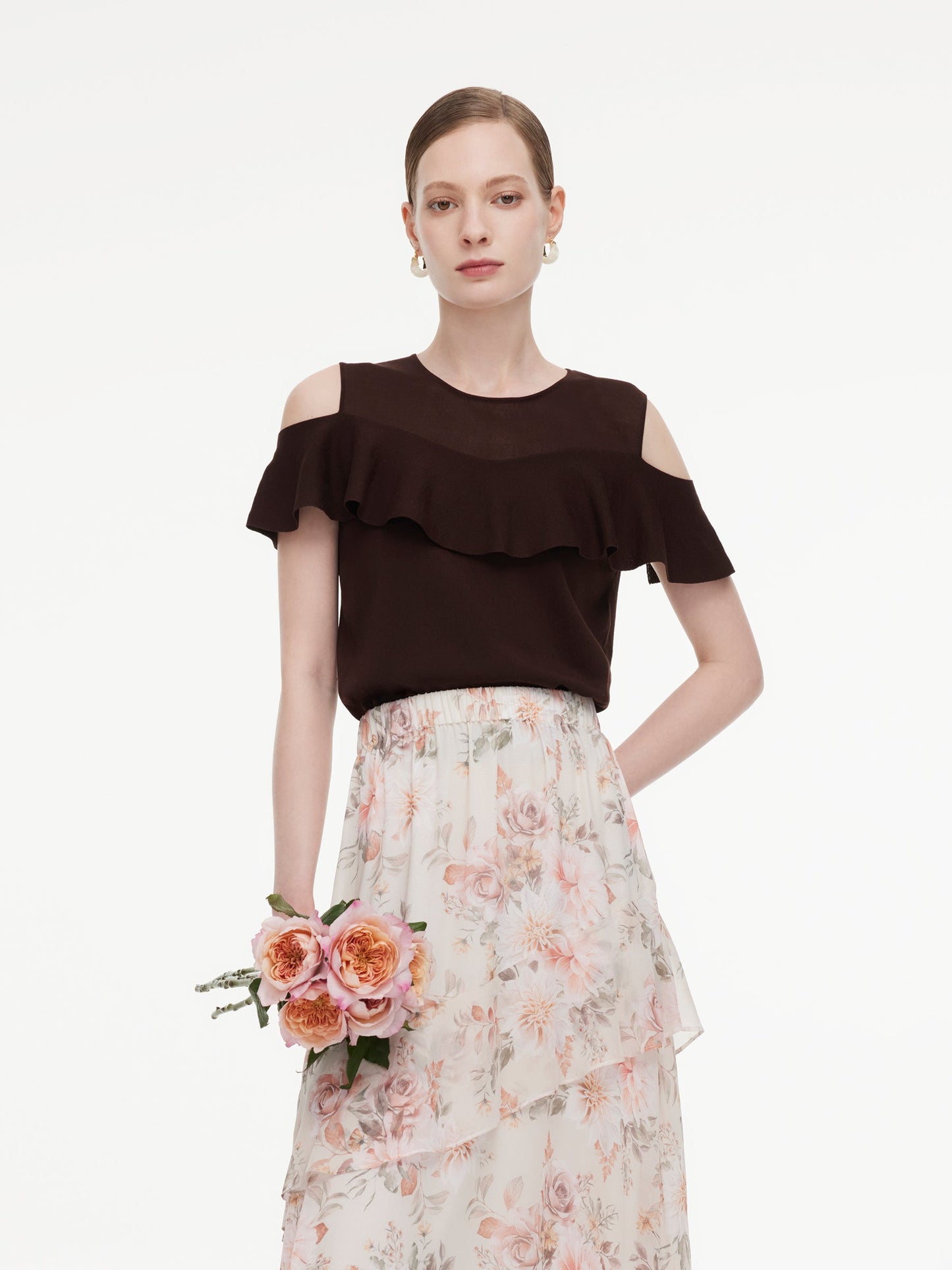 Tencel Blend Ruffle Cold Shoulder Women Knit Top