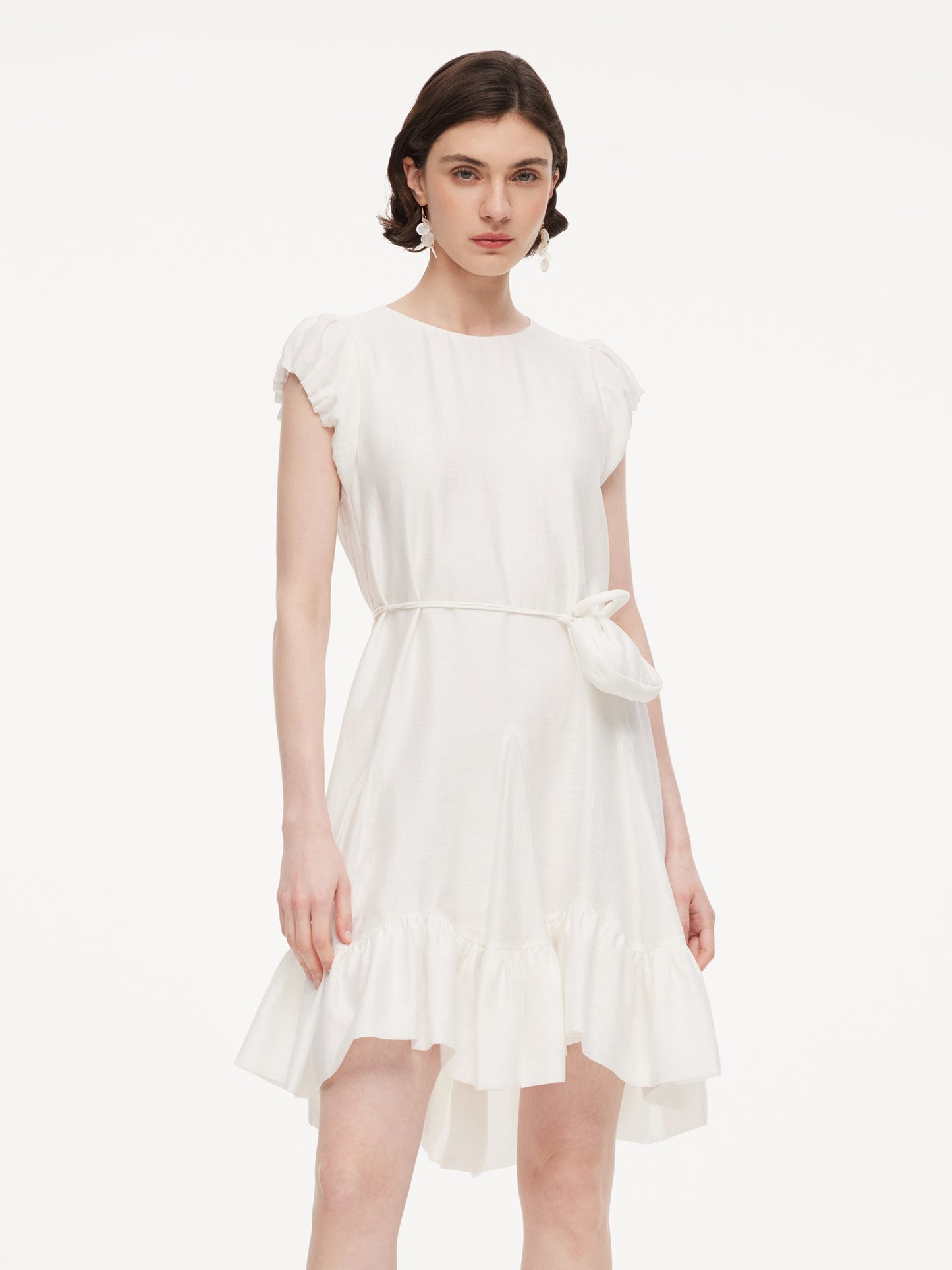 Lyocell Acetate Linen Blend Ruffle Hem Women Mini Dress With Crossbody Bag