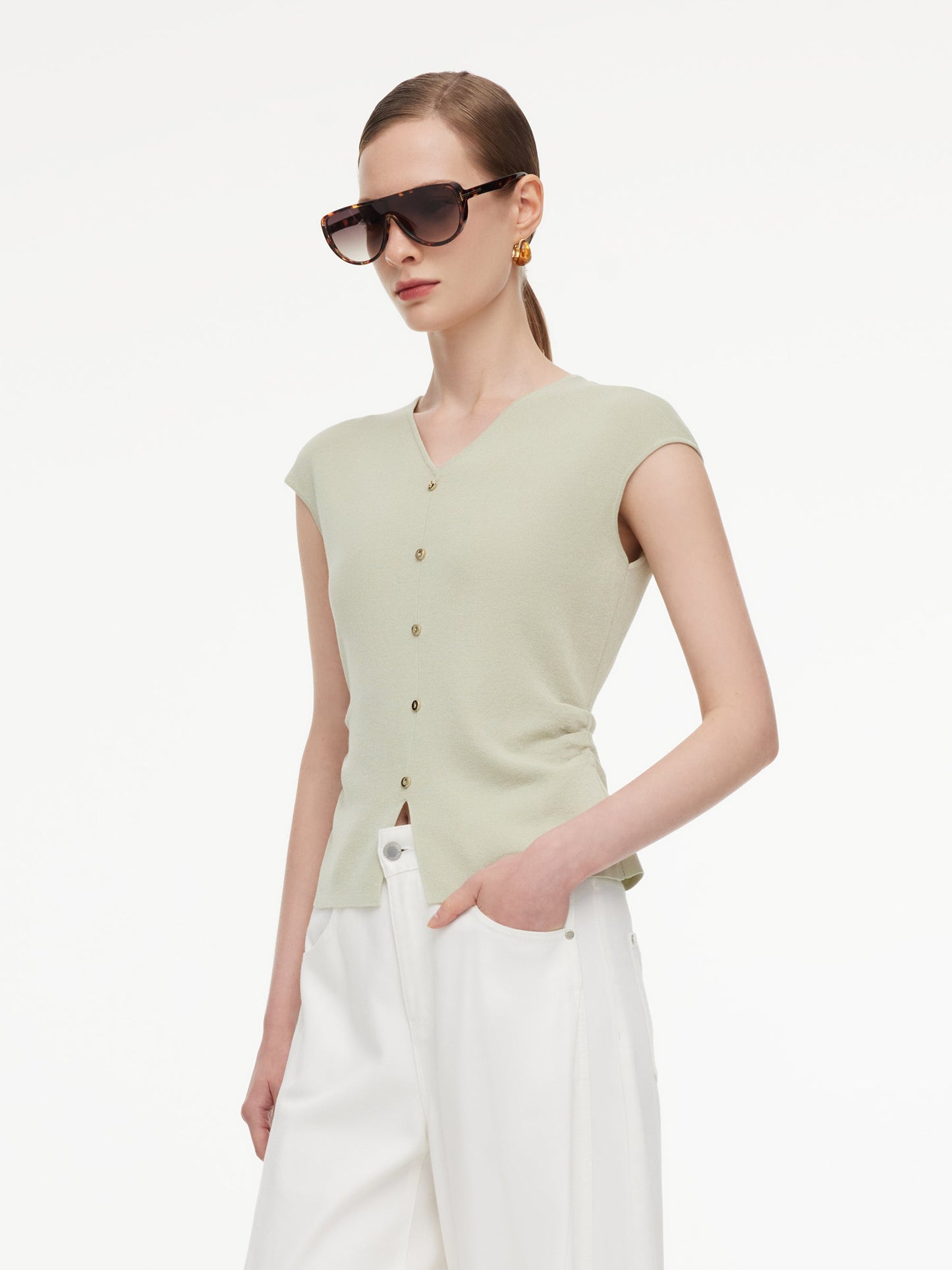Tencel Blend Side Twist Women Cap Sleeve Knit Top