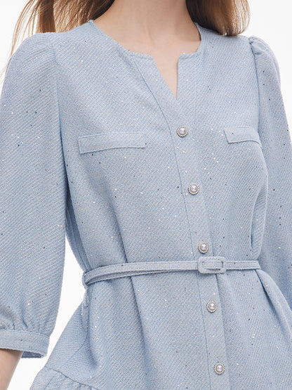 Acetate Blend Tweed Sequins Women Midi Dress With Belt