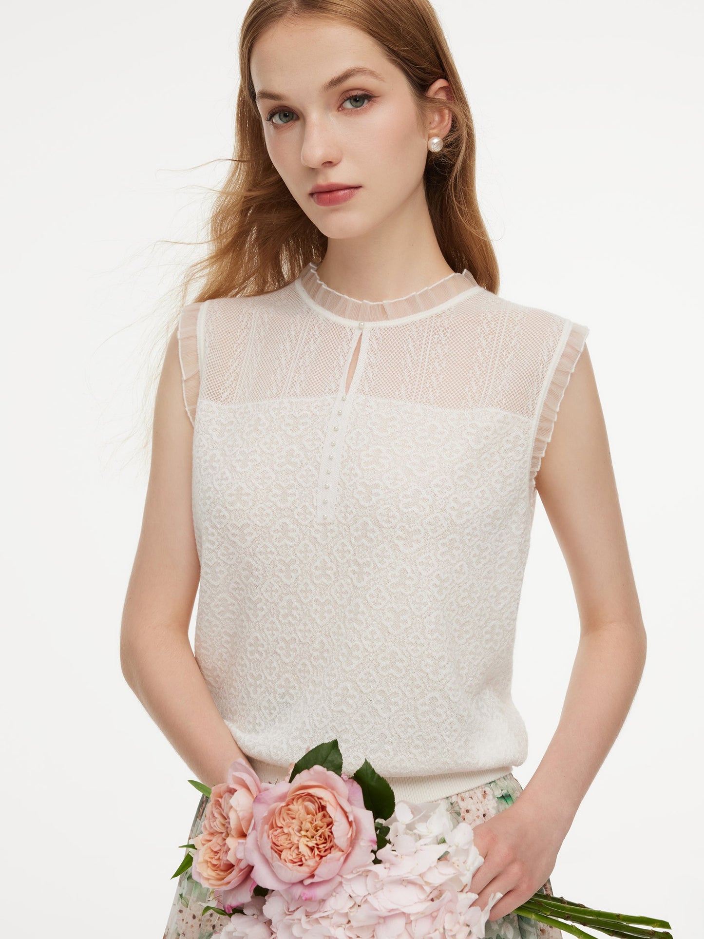 Jacquard Cut Out Neckline Women Ruffle Knit Tank Top