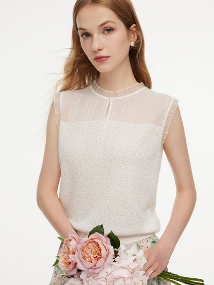 Jacquard Cut Out Neckline Women Ruffle Knit Tank Top