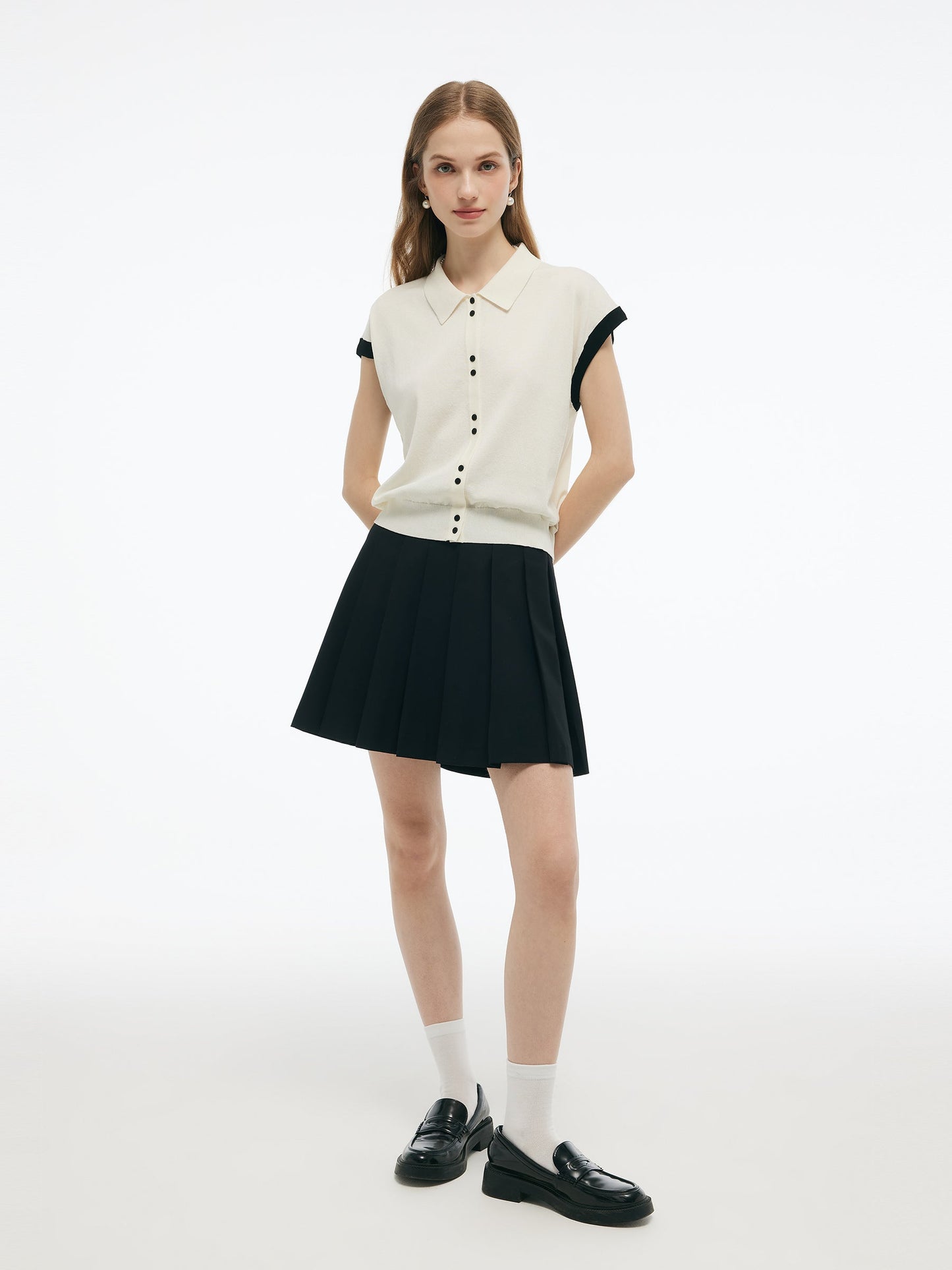 Tencel Blend Color Block Women Polo Short Sleeve Cardigan