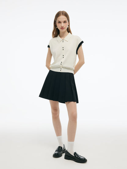 Tencel Blend Color Block Women Polo Short Sleeve Cardigan