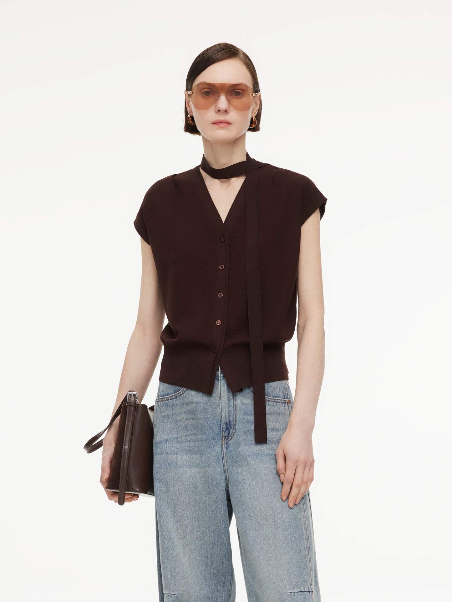 [Preview] Lyocell Blend V-Neck Women Knit Top With Ribbon
