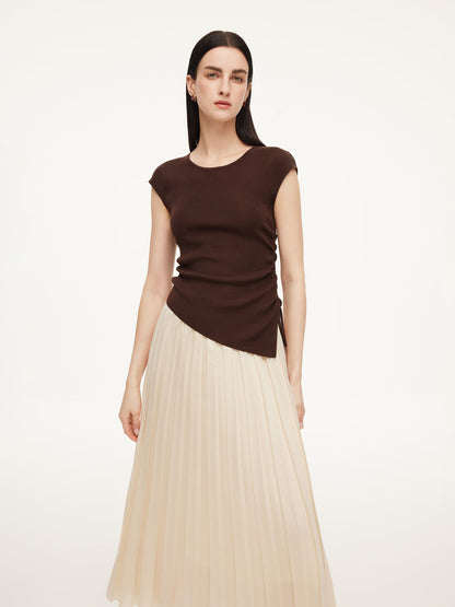 Modal Acetate Blend Asymmetrical Hem Knit Top And Pleated Skirt Two-Piece Set