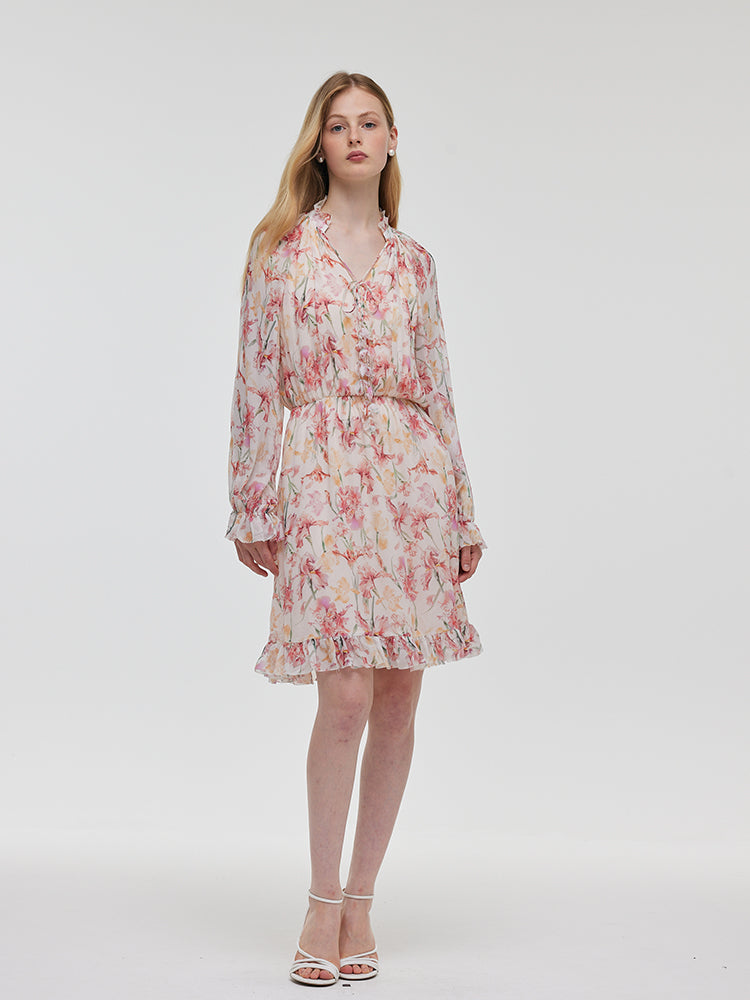 10 Momme Mulberry Silk Iris Print Ruffle Women Mini Dress