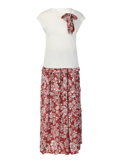 Cap Sleeve Knit Top And Marigold Floral Print Tiered Skirt Two-Piece Set With Silky Scarf