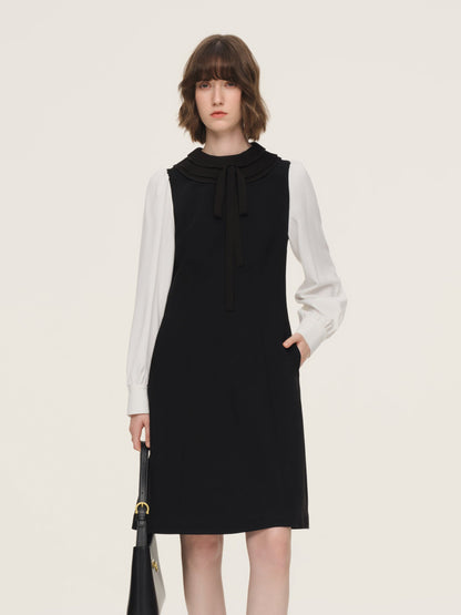 Worsted Wool Blend Ruffle Collar Women Mini Dress With Detachable Ribbon