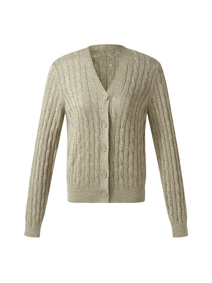 Linen Sequins Openwork Women Knit Cardigan