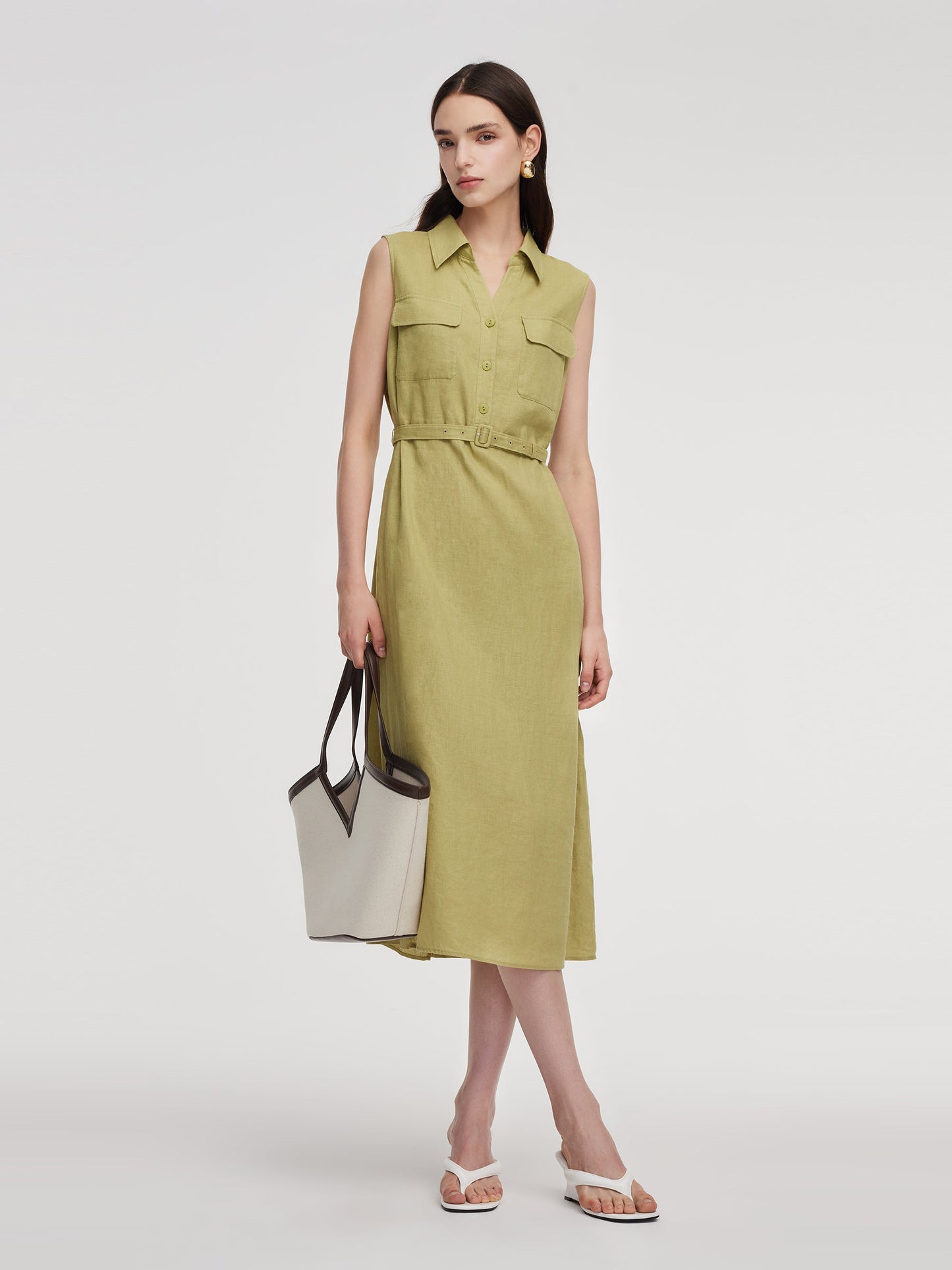 100% Linen Sleeveless Women Maxi Shirt Dress With Belt