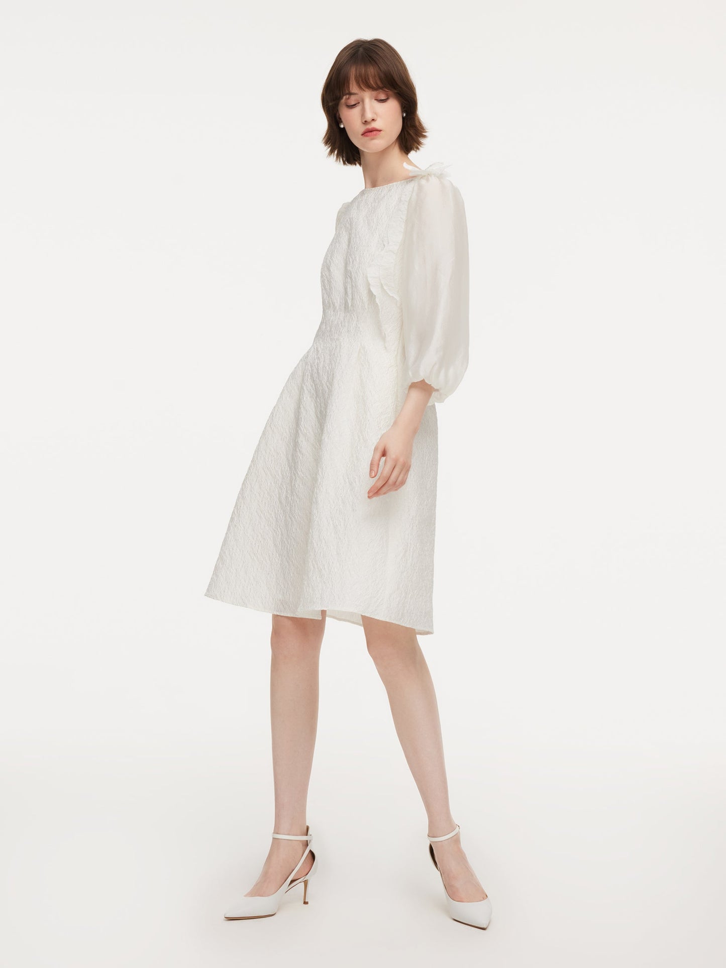 Jacquard Boat Neck Women Midi Dress With Detachable Flower