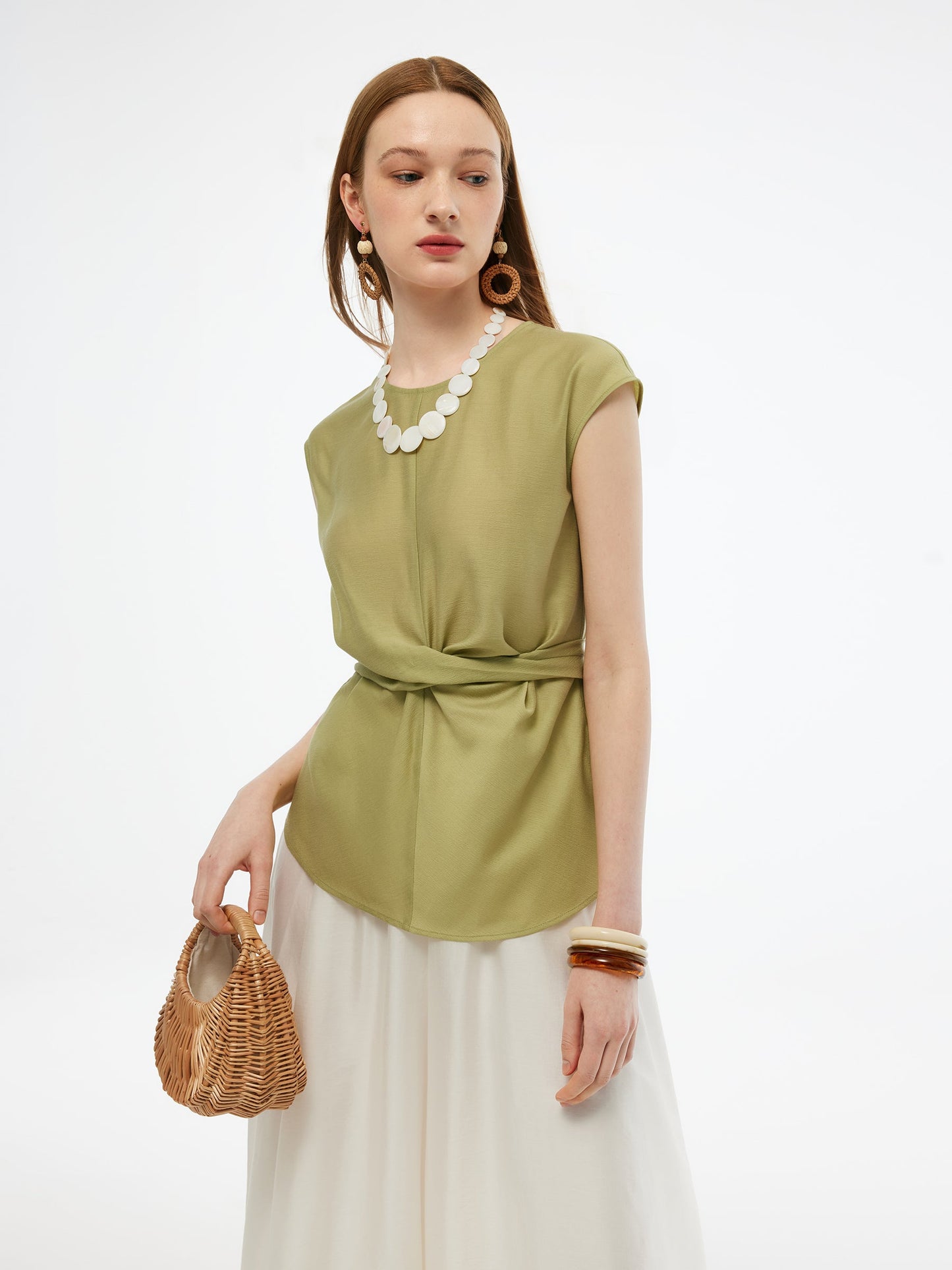 Acetate Twist Front Women Cap Sleeve Top