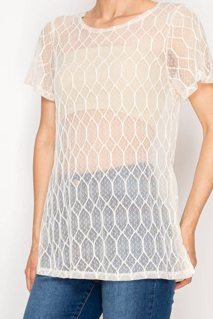 Origami - Sheer Lattice Mesh Short Sleeve Blouse - Beige