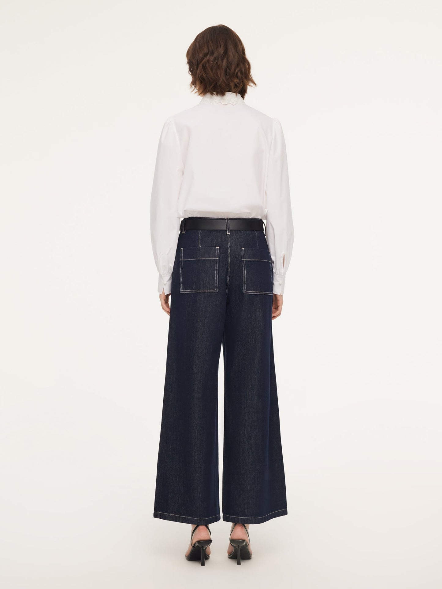 Lyocell Blend Denim Paneled Seam Women Wide Leg Jeans With Belt