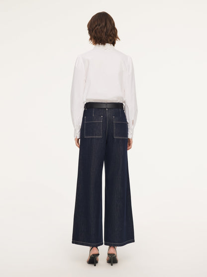 Lyocell Blend Denim Paneled Seam Women Wide Leg Jeans With Belt