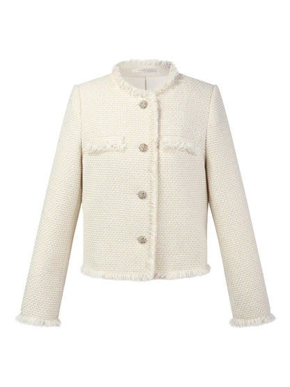 Wool Blend Tweed Fringe Trim Women Jacket